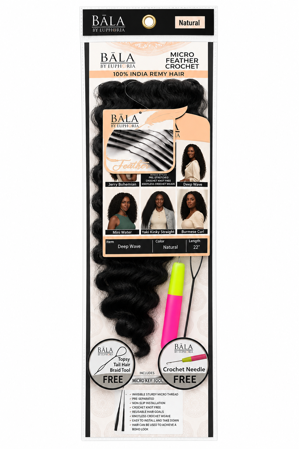 BĀLA Micro Feather Crochet Human Hair – Deep Wave 22